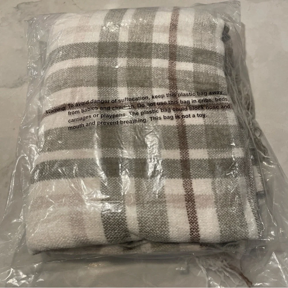 Cream and Beige Plaid Chenille Throw Blanket